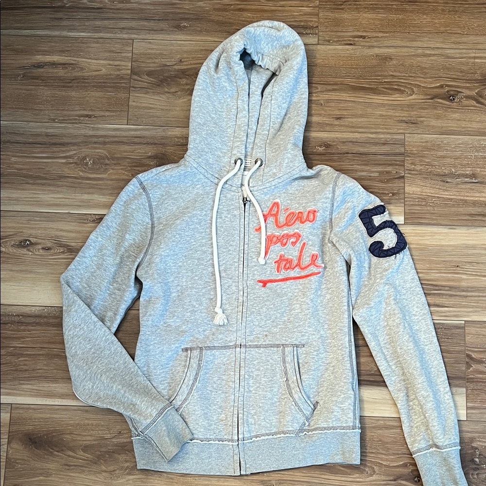 Aeropostale Heather Gray Zip-Up Hoodie with Red and Navy Accents